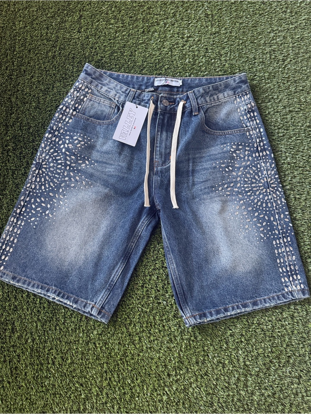 Valley Vale Sports Division Rhinestone Denim Jorts Shorts Y2K Streetwear 32